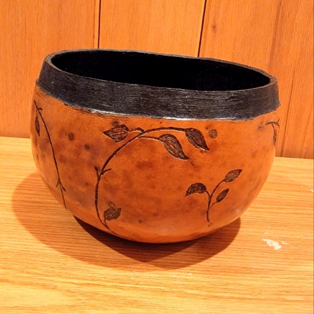 Gourd Art Bowl Hand Carved & Signed Max Autumn Fall Farmhouse